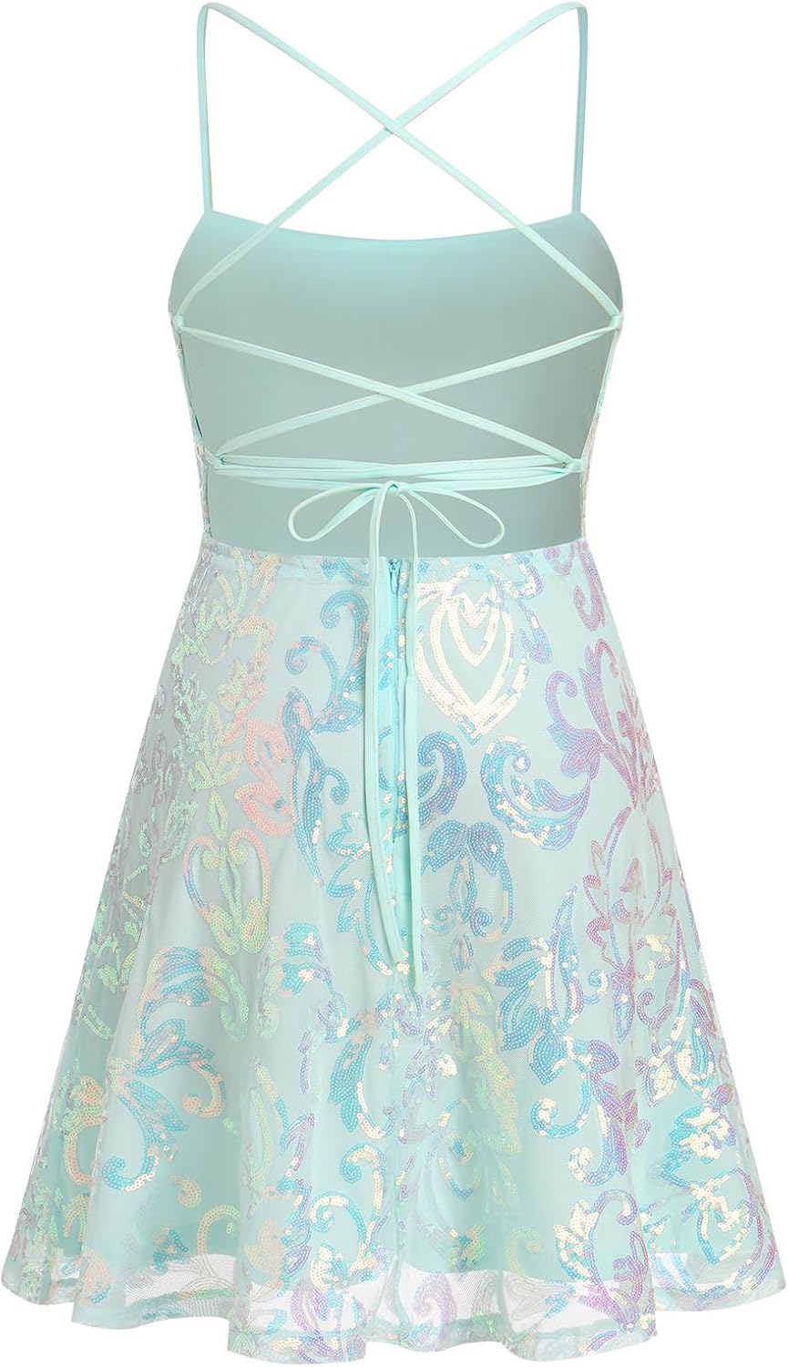 Women's Spaghetti Straps Sparkly Sequins A Line Swing Party Nightclub Dance Mini Dress Above Knee Length