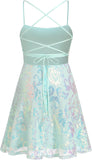 Women's Spaghetti Straps Sparkly Sequins A Line Swing Party Nightclub Dance Mini Dress Above Knee Length