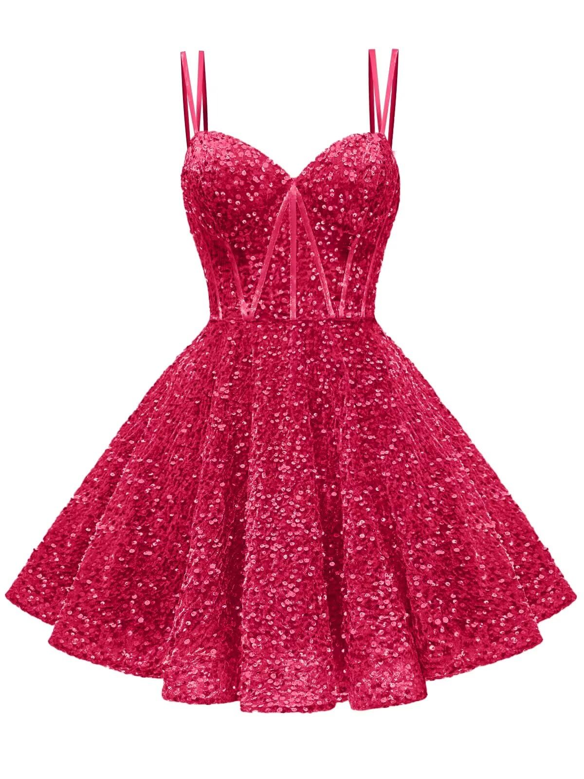 Kingbridal Gowns Sparkly Sequin Homecoming Dresses for Teens 2027 Flowy Spaghetti Straps A-Line Short Formal Prom Dress with Pockets