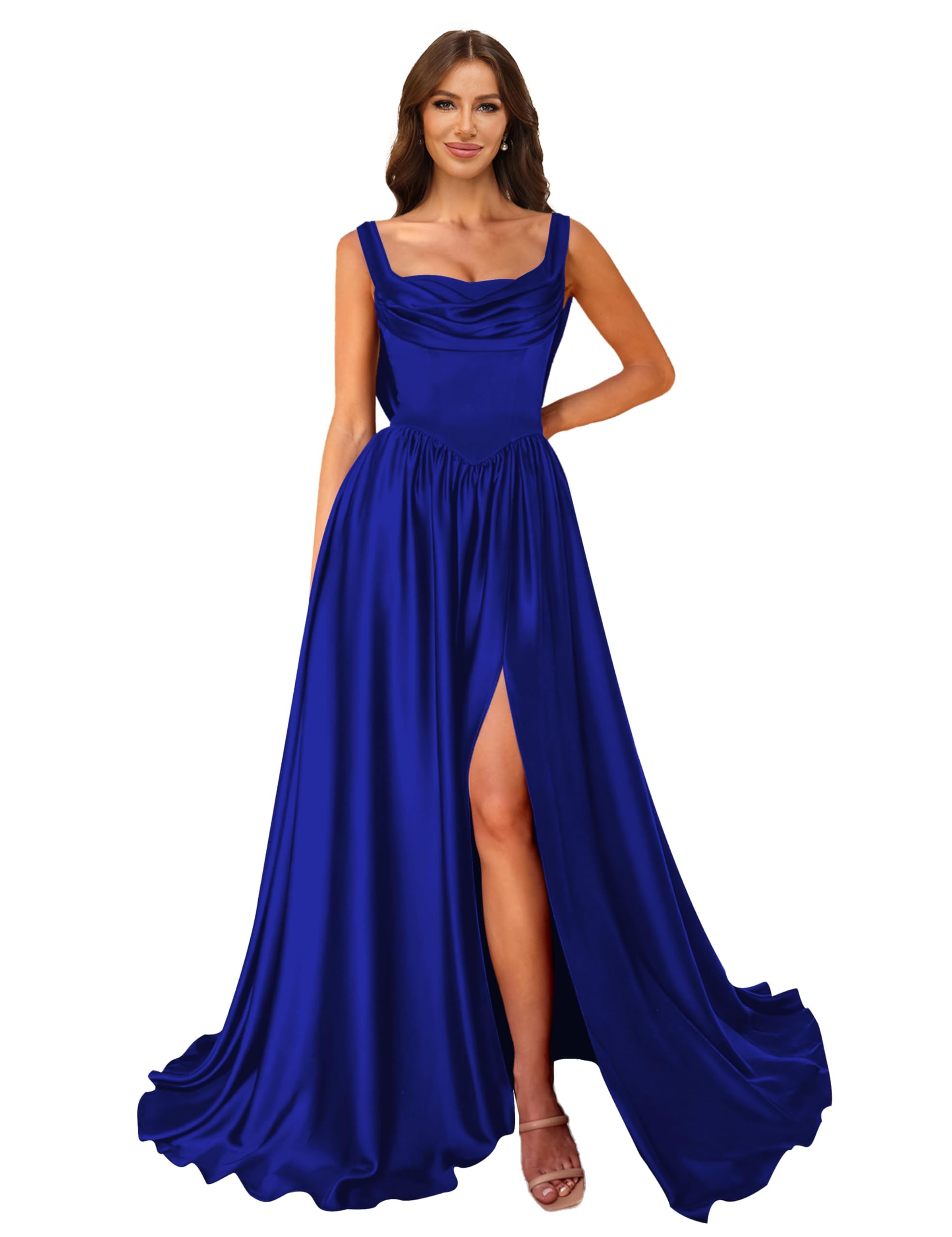Cowl Neck Satin Prom Dresses Corset Ball Gown Long Puffy A-Line Formal Evening Gown with Slit