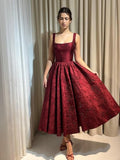 Jacquard Satin Prom Dresses 2026 Floral Square Neck Tea Length Ruched Elegant Formal Ball Gown with Pockets