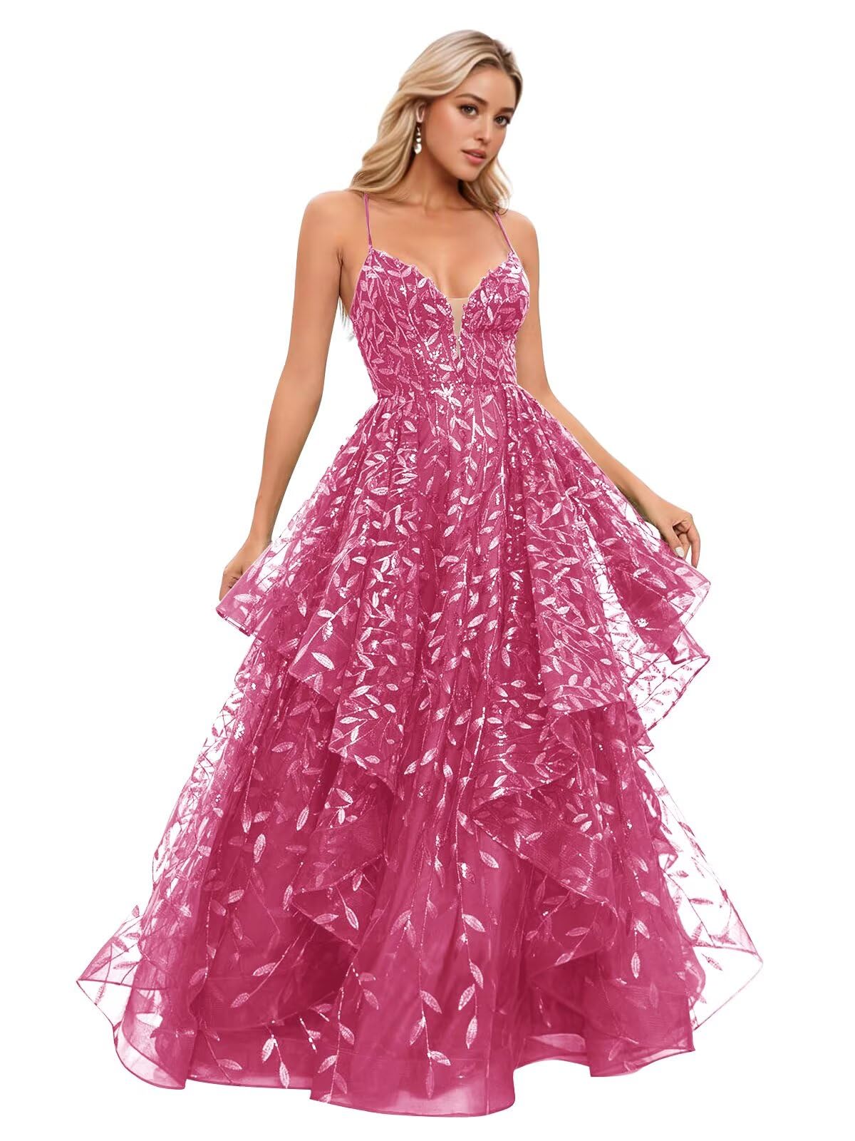 Spaghetti Strap Prom Dresses for Women V Neck Sparkly Sequin Tulle Tiered Ball Gown Long Formal Evening Dress