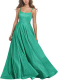 Women's Glitter Prom Dresses Long Ball Gown Spaghetti Straps Neck Formal Evening Party Dress for Teens