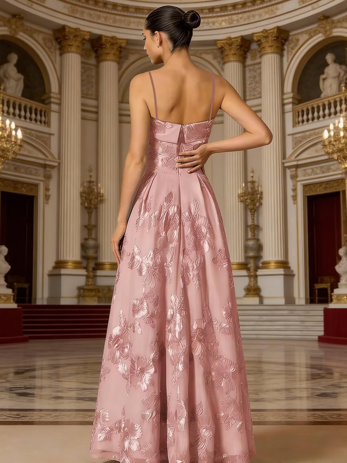 Women's Spaghetti Straps Floral Prom Dresses A Line Strapless Ball Dresses Long Embroidery Formal Evening Dresses