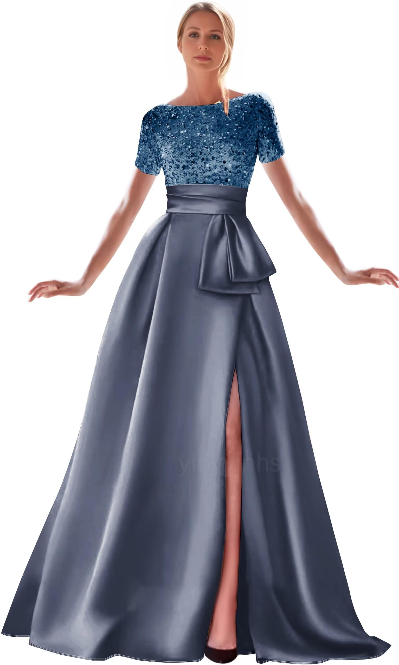 Kingbridal Gowns Short Sleeve Sequin Prom Dresses for Women 2026 Satin A-Line Sparkly Formal Evening Party Ball Gowns with Slit