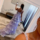 Vestido de fiesta de tul con encaje y capas, tirantes finos y abertura larga, corsé brillante, vestidos formales de fiesta de noche 