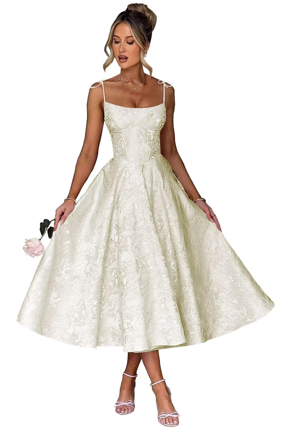 Jacquard Floral Satin Prom Dresses for Women 2026 Spaghetti Straps A-Line Midi Formal Evening Party Gown with Pockets