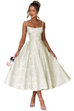 Jacquard Floral Satin Prom Dresses for Women 2026 Spaghetti Straps A-Line Midi Formal Evening Party Gown with Pockets