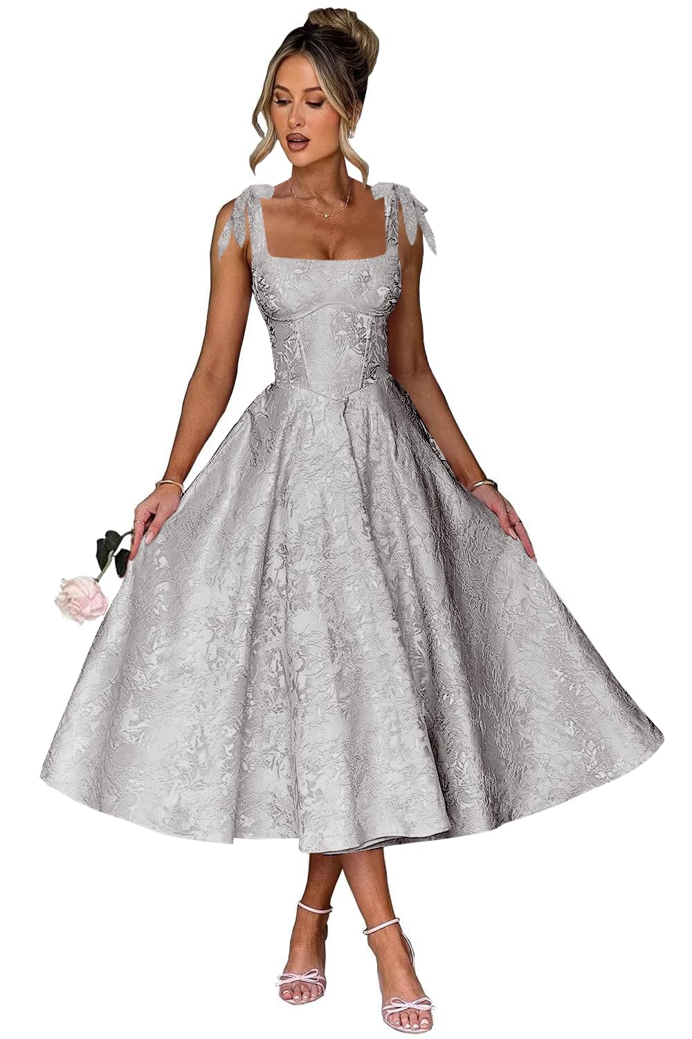 Women's Midi Bridesmaid Dresses Jacquard Satin with Bow Spaghetti Straps Square Neck Formal Wedding Guest Dress