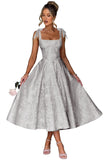 Women's Midi Bridesmaid Dresses Jacquard Satin with Bow Spaghetti Straps Square Neck Formal Wedding Guest Dress