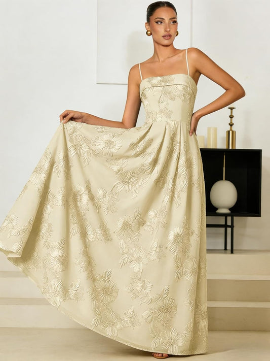 Women's Spaghetti Straps Floral Prom Dresses A Line Strapless Ball Dresses Long Embroidery Formal Evening Dresses