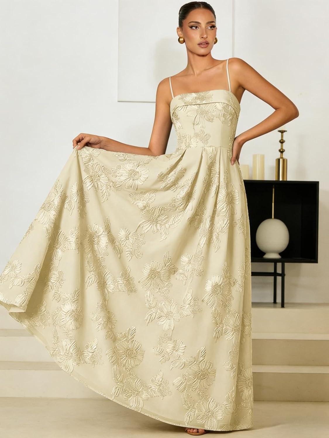 Women's Spaghetti Straps Floral Prom Dresses A Line Strapless Ball Dresses Long Embroidery Formal Evening Dresses