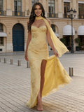 Floral Prom Dresses for Teens Strapless Mermaid Corset Tulle Long Formal Evening Gown with Slit with Scarf