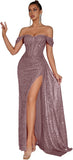 Evening Gowns Formal Dresses for Women Sequin Tulle Wedding Guest Cocktail Party Sexy Off Shoulder Floor Length Prom Dress