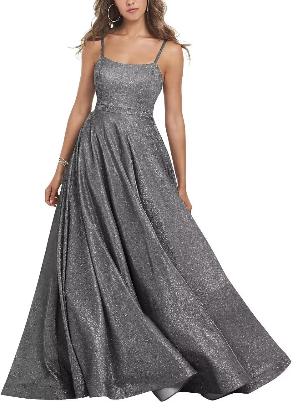 Women's Glitter Prom Dresses Long Ball Gown Spaghetti Straps Neck Formal Evening Party Dress for Teens