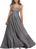 Women's Glitter Prom Dresses Long Ball Gown Spaghetti Straps Neck Formal Evening Party Dress for Teens