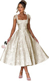 Women's Midi Bridesmaid Dresses Jacquard Satin with Bow Spaghetti Straps Square Neck Formal Wedding Guest Dress