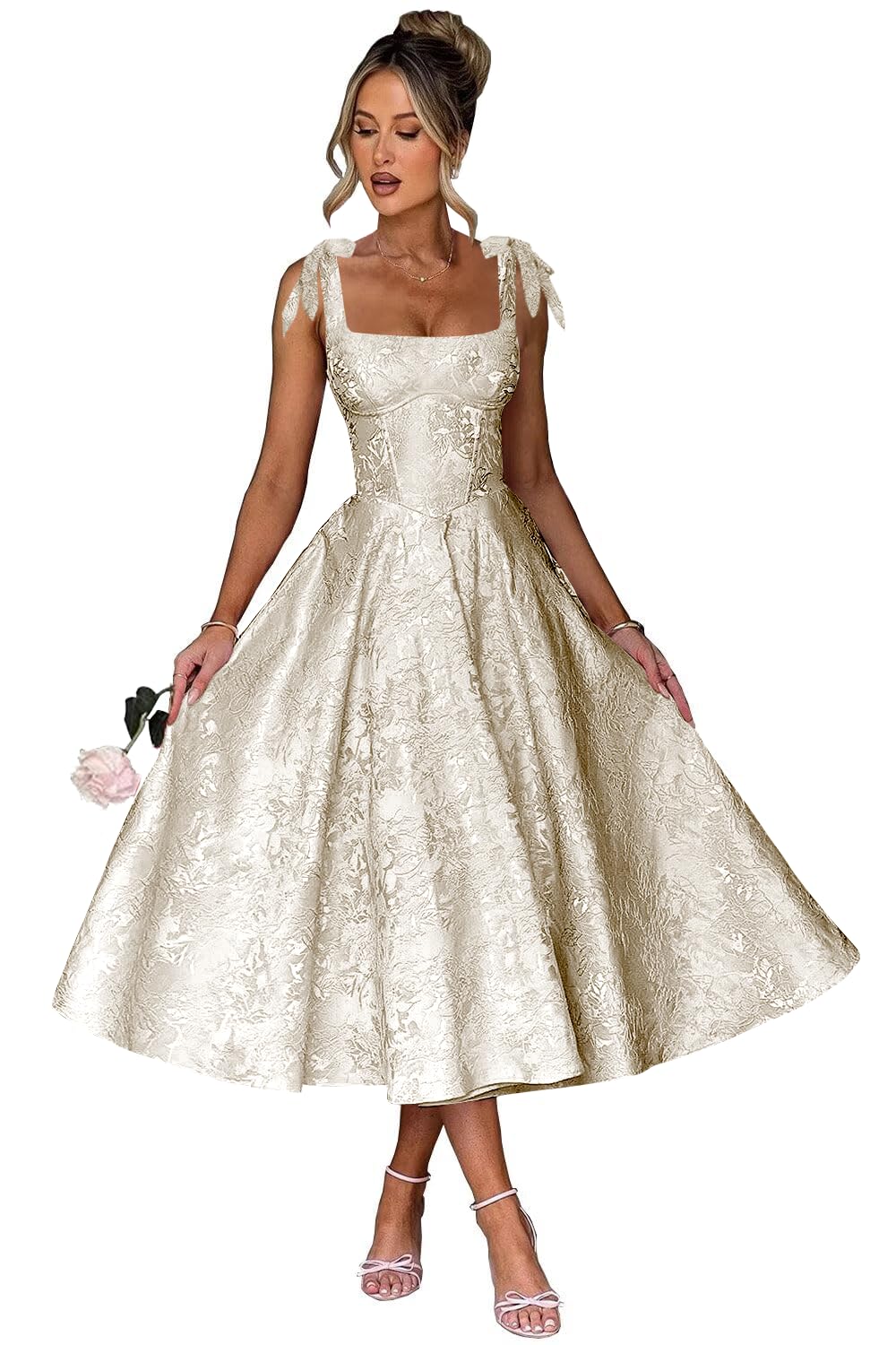 Women's Midi Bridesmaid Dresses Jacquard Satin with Bow Spaghetti Straps Square Neck Formal Wedding Guest Dress