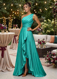One Shoulder Bridesmaid Dresses for Women Satin Pleated Long A Line Formal Prom Evening Party Dress with Slit