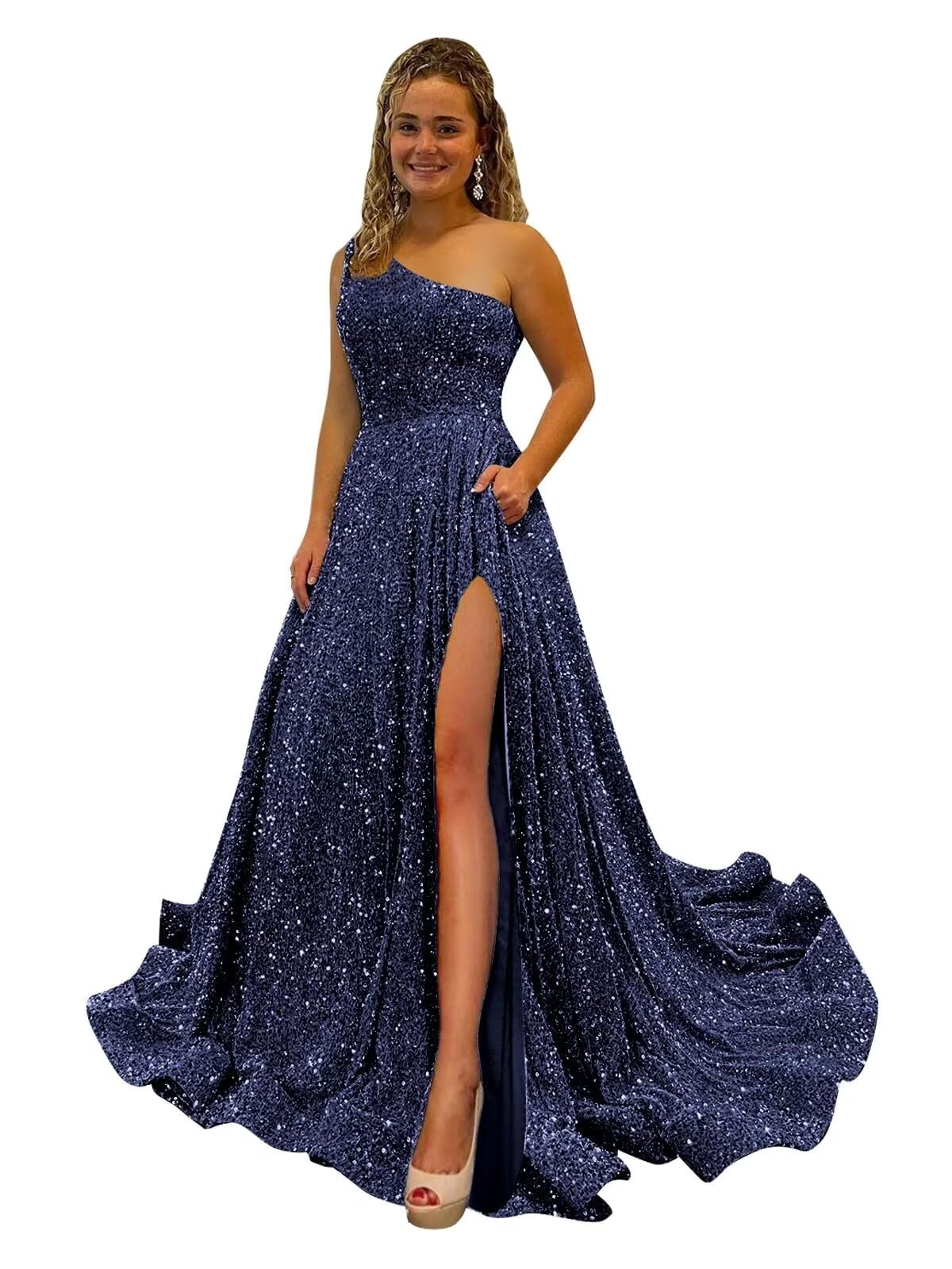 One Shoulder Sequin Prom Dresses for Women Long Sparkly A-Line Slit Formal Evening Party Ball Gowns with Pockets