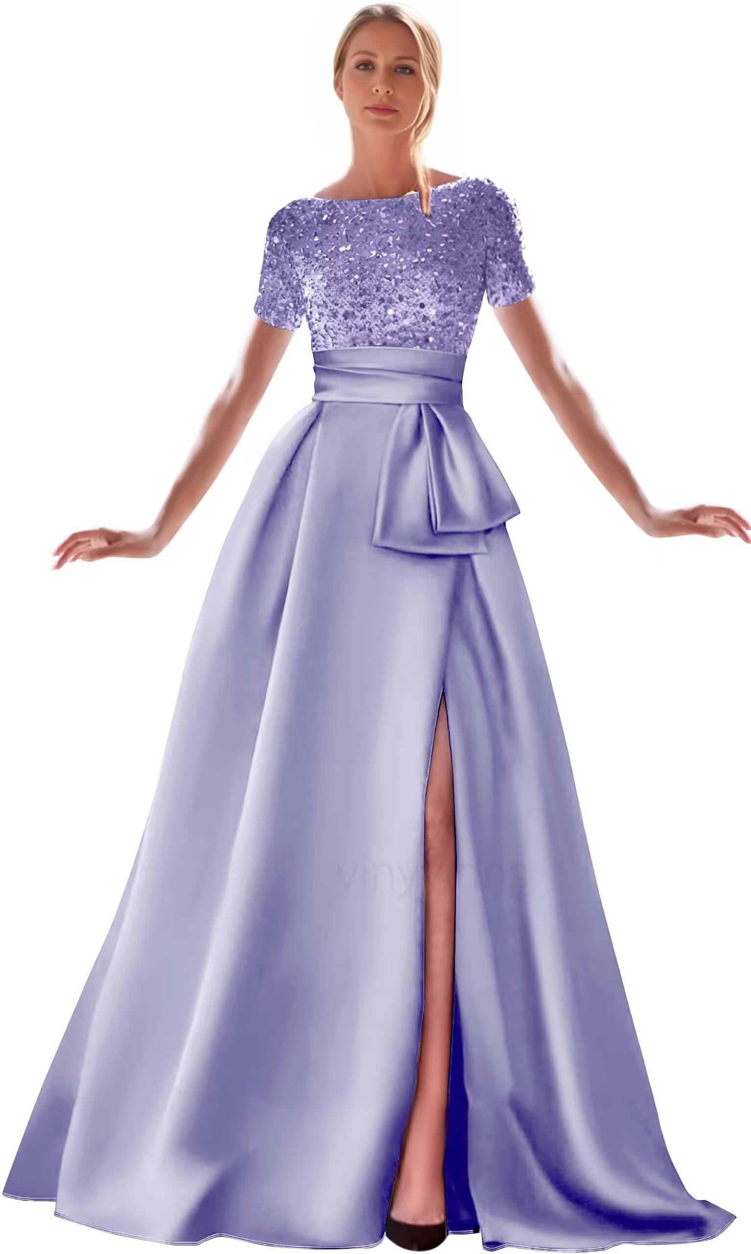 Kingbridal Gowns Short Sleeve Sequin Prom Dresses for Women 2026 Satin A-Line Sparkly Formal Evening Party Ball Gowns with Slit