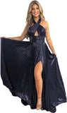 Vestido de fiesta de satén metálico brillante con abertura para mujer, vestido formal de noche plisado con cuello halter 