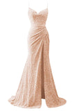 Spaghetti Straps Sequin Prom Dresses for Women 2027 Mermaid Ruched Formal Dress with Slit Sparkly Evening Party Gown