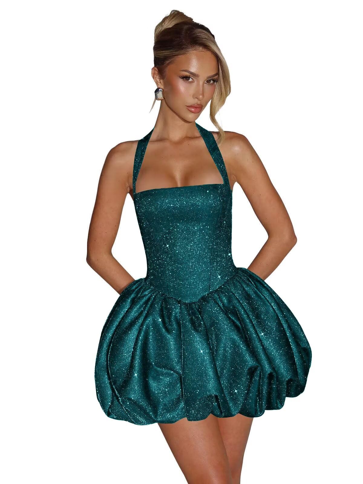 Satin Halter Homecoming Dresses for Teens Short Glitter A-Line Prom Dress Bubble Mini Formal Cocktail Party Gowns