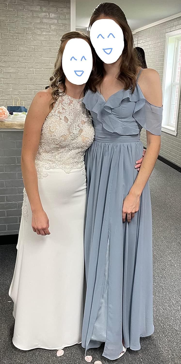 Women's Bridesmaid Dresses with Slit Long Cold Shoulder Chiffon Formal Party Dress with Pockets
