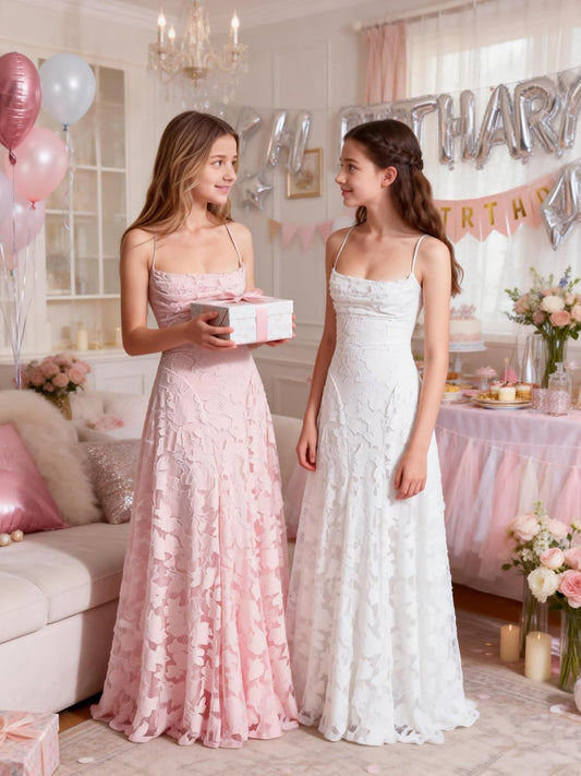 Lace Floral Junior Bridesmaid Dresses Long Spaghetti Strap Prom Dress for Teens Formal Gown Flower Girls Dress