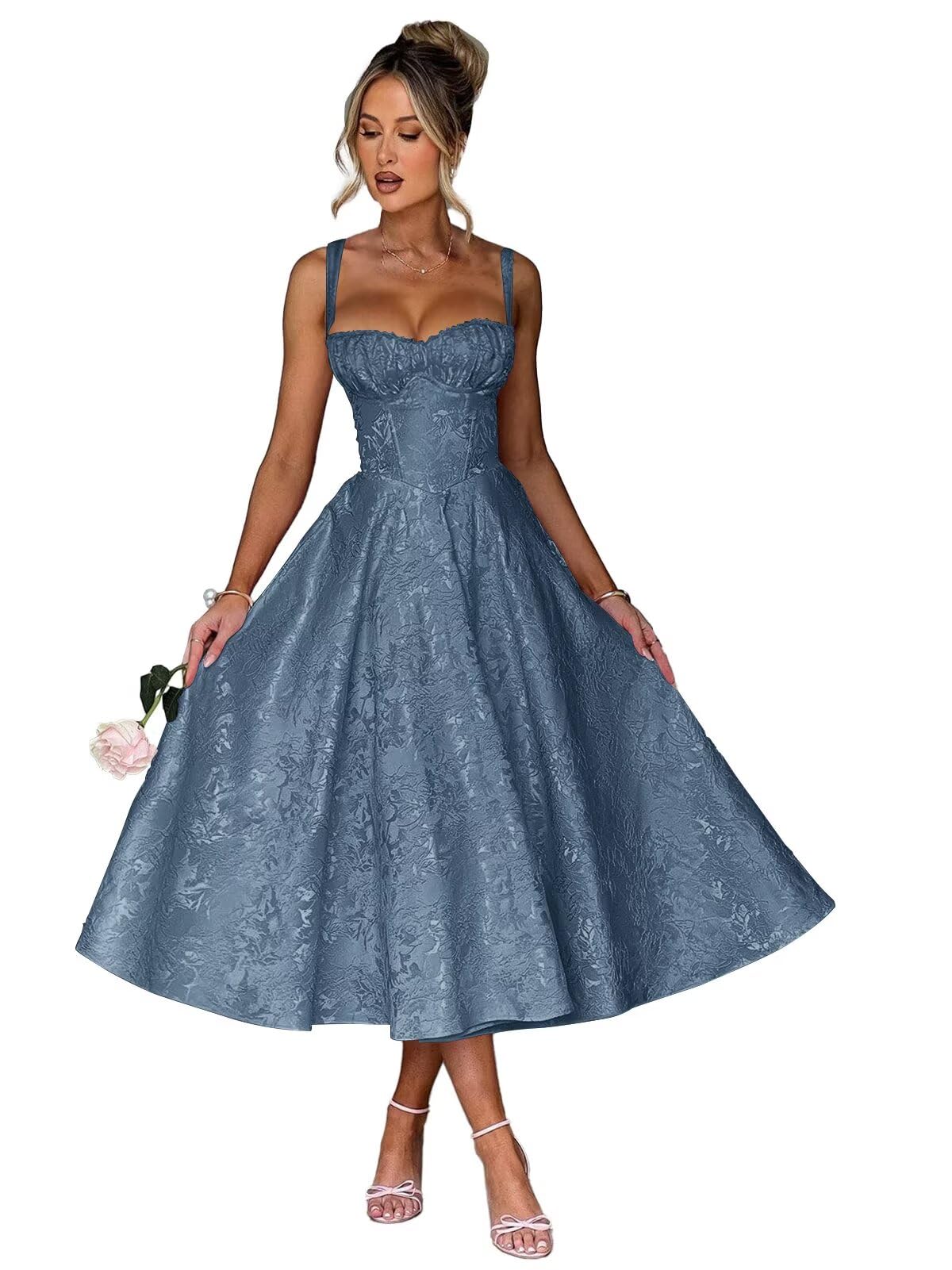 Eightale Satin Jacquard Prom Dress with Bow Tea Length Floral Midi Formal Evening Party Gown