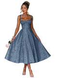 Eightale Satin Jacquard Prom Dress with Bow Tea Length Floral Midi Formal Evening Party Gown