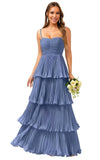 Tiered Ruffle Bridesmaid Dresses for Women Spaghetti Straps Long Chiffon Formal Evening Prom Gowns