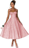 Satin Jacquard Prom Dress with Bow Tea Length Floral Midi Formal Evening Party Gown Tea-Length for Women Engagement Gown