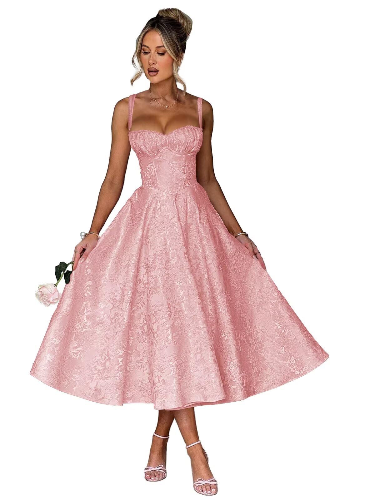 Eightale Satin Jacquard Prom Dress with Bow Tea Length Floral Midi Formal Evening Party Gown