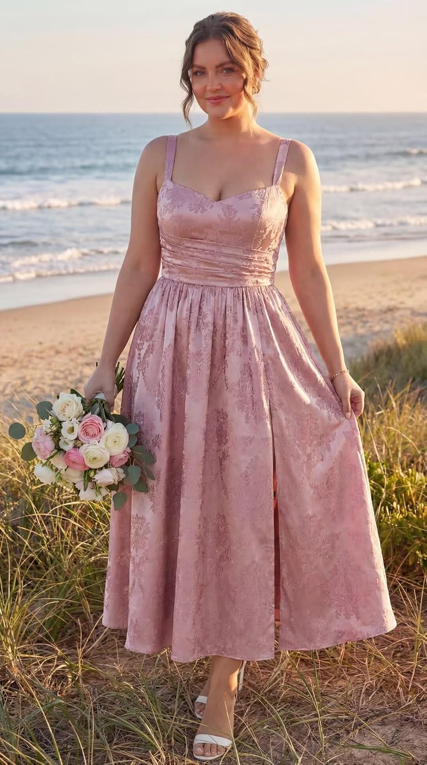 Jacquard Satin Bridesmaid Dresses for Women Spaghetti Straps A Line Tea Length Formal Dress