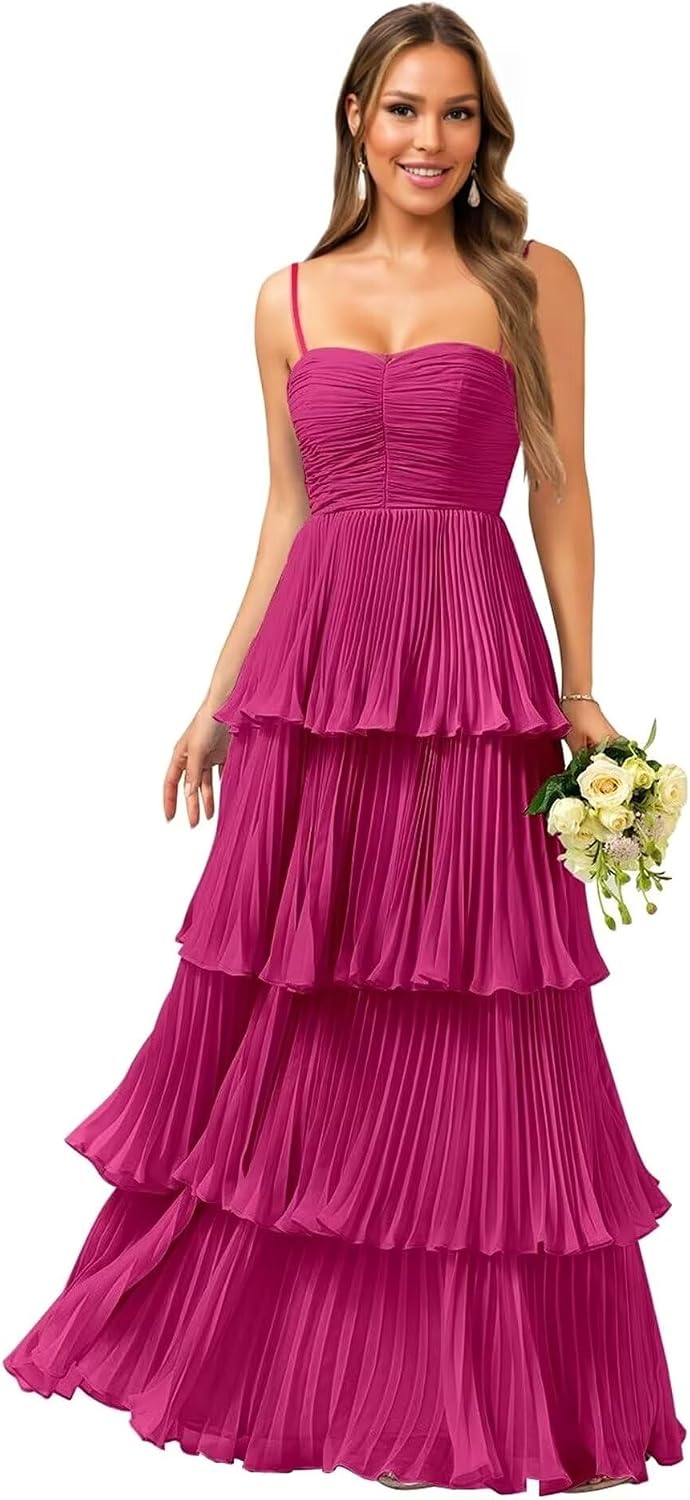 Tiered Ruffle Bridesmaid Dresses for Women Spaghetti Straps Long Chiffon Formal Evening Prom Gowns
