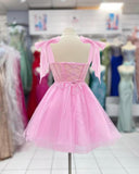 Tulle Short Homecoming Dress for Teens Sparkly Lace DAMA Dresses for Quinceanera Spaghetti Straps Bow Prom Gown