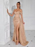 Evening Gowns Formal Dresses for Women Sequin Tulle Wedding Guest Cocktail Party Sexy Off Shoulder Floor Length Prom Dress