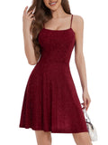 Spaghetti Straps Sparkly Homecoming Dress Fit and Flare Glitter Mini Swing Semi Formal Prom Party Club Dress