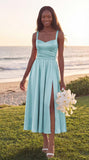 Jacquard Satin Bridesmaid Dresses for Women Spaghetti Straps A Line Tea Length Formal Dress