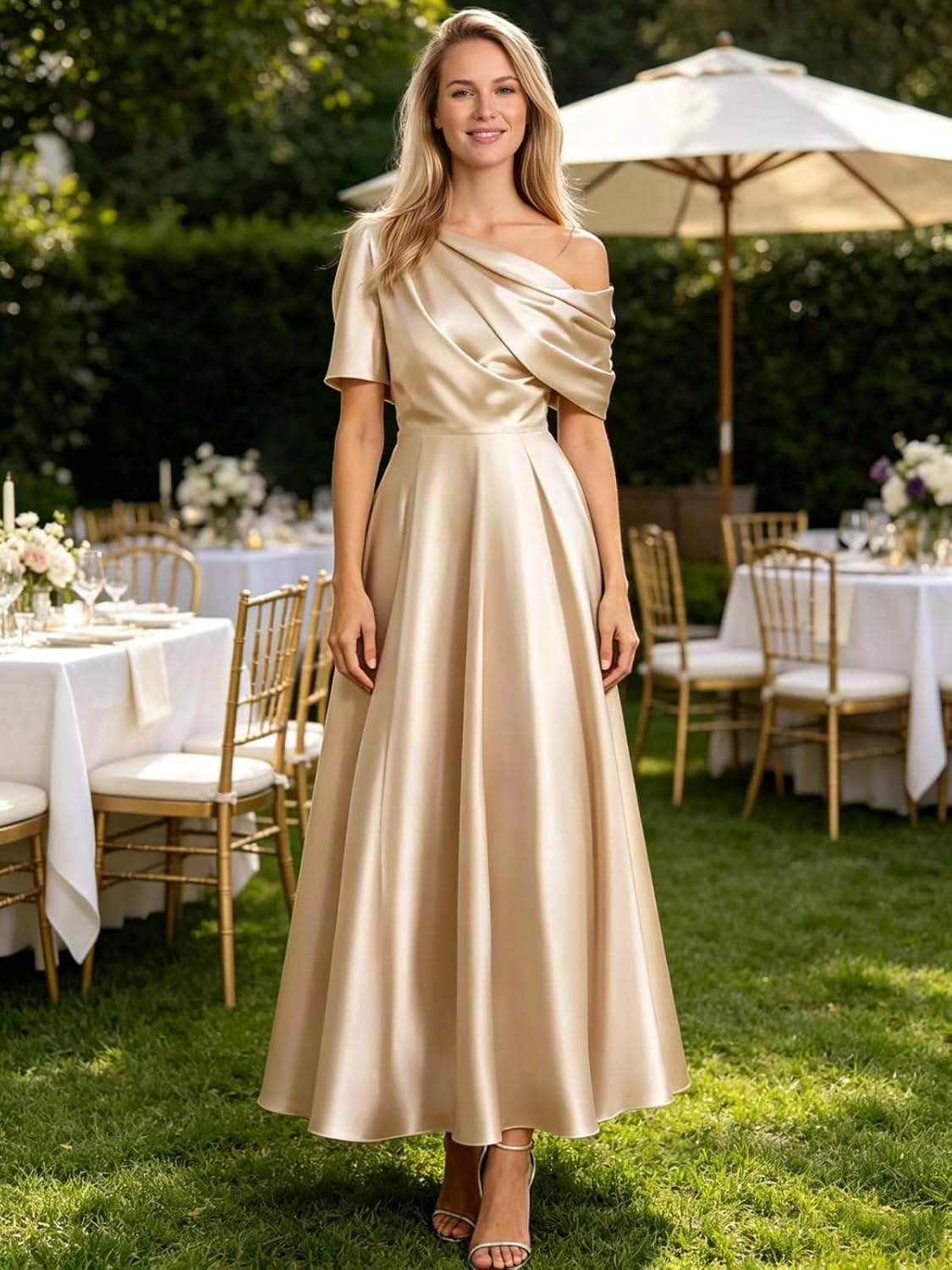 Kingbridal Satin Mother of The Bride Dresses for Women Tea Length Formal Dress One Shoulder Evening Party Gowns with Pockets
