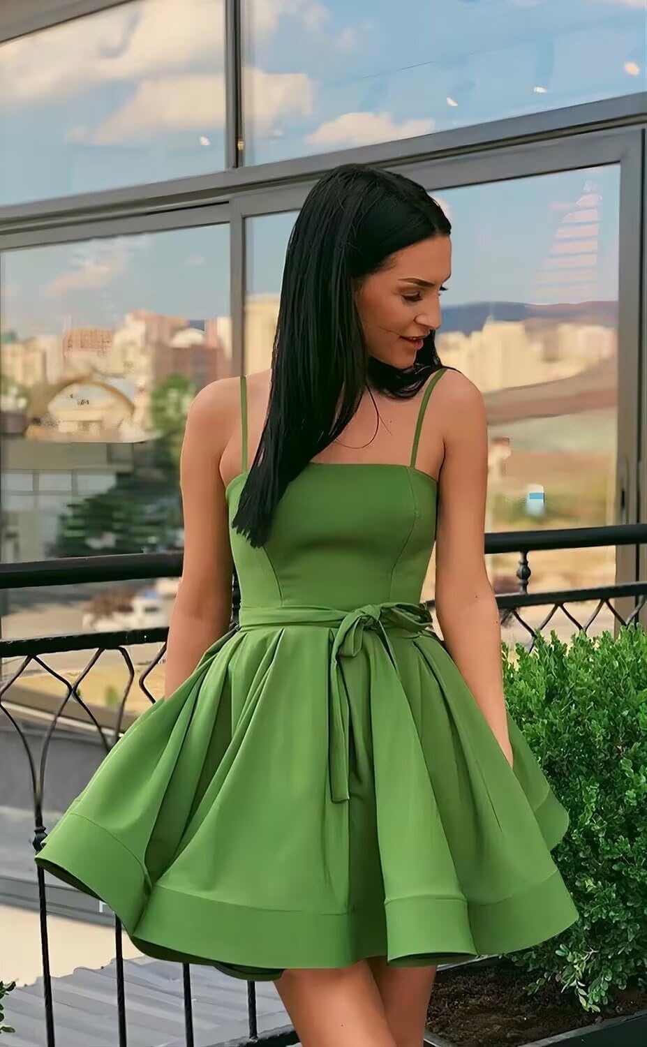Women’s Short Satin Spaghetti Straps Formal Homecoming Dresses A Line Corset Puffy Prom Gown with Pockets for Teens