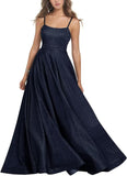 Women's Glitter Prom Dresses Long Ball Gown Spaghetti Straps Neck Formal Evening Party Dress for Teens