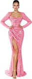 Mermaid Sequin Prom Dresses for Women 2026 Long Sleeve Ruched Formal Dress with Slit Sparkly Evening Party Gowns