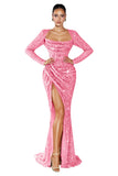 Mermaid Sequin Prom Dresses for Women 2026 Long Sleeve Ruched Formal Dress with Slit Sparkly Evening Party Gowns