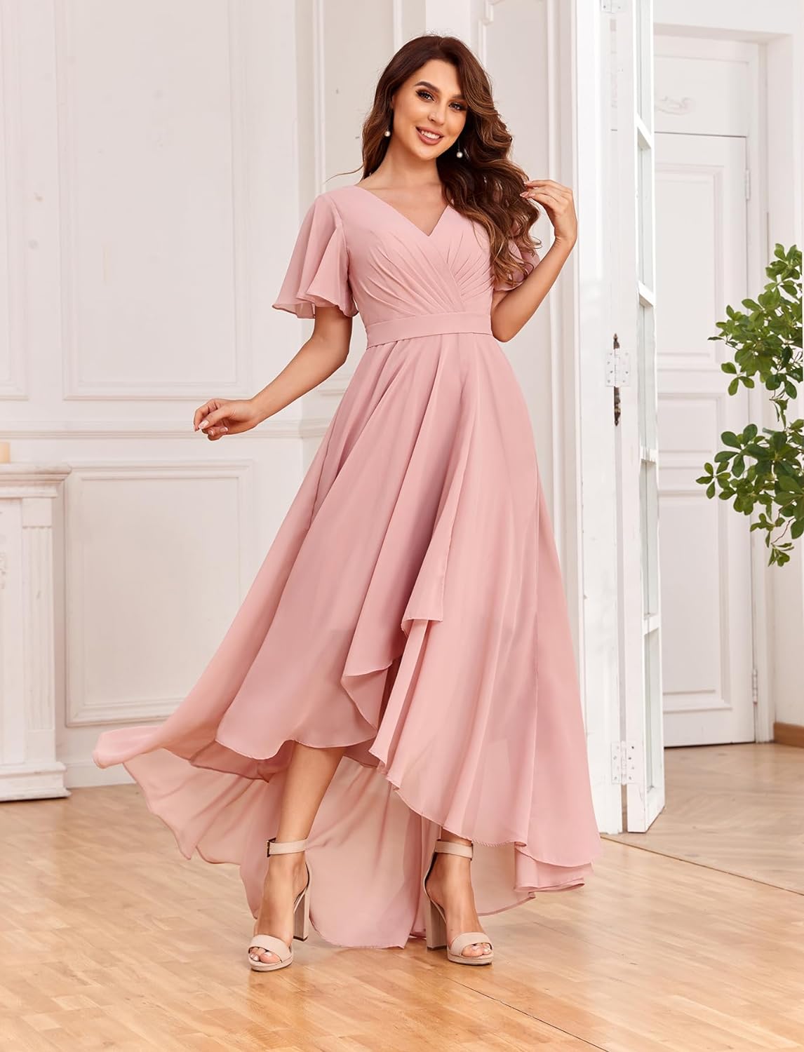 Women's Flutter Sleeve Bridesmaid Dresses with Pockets High Low Formal Dress