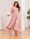 Women's Flutter Sleeve Bridesmaid Dresses with Pockets High Low Formal Dress
