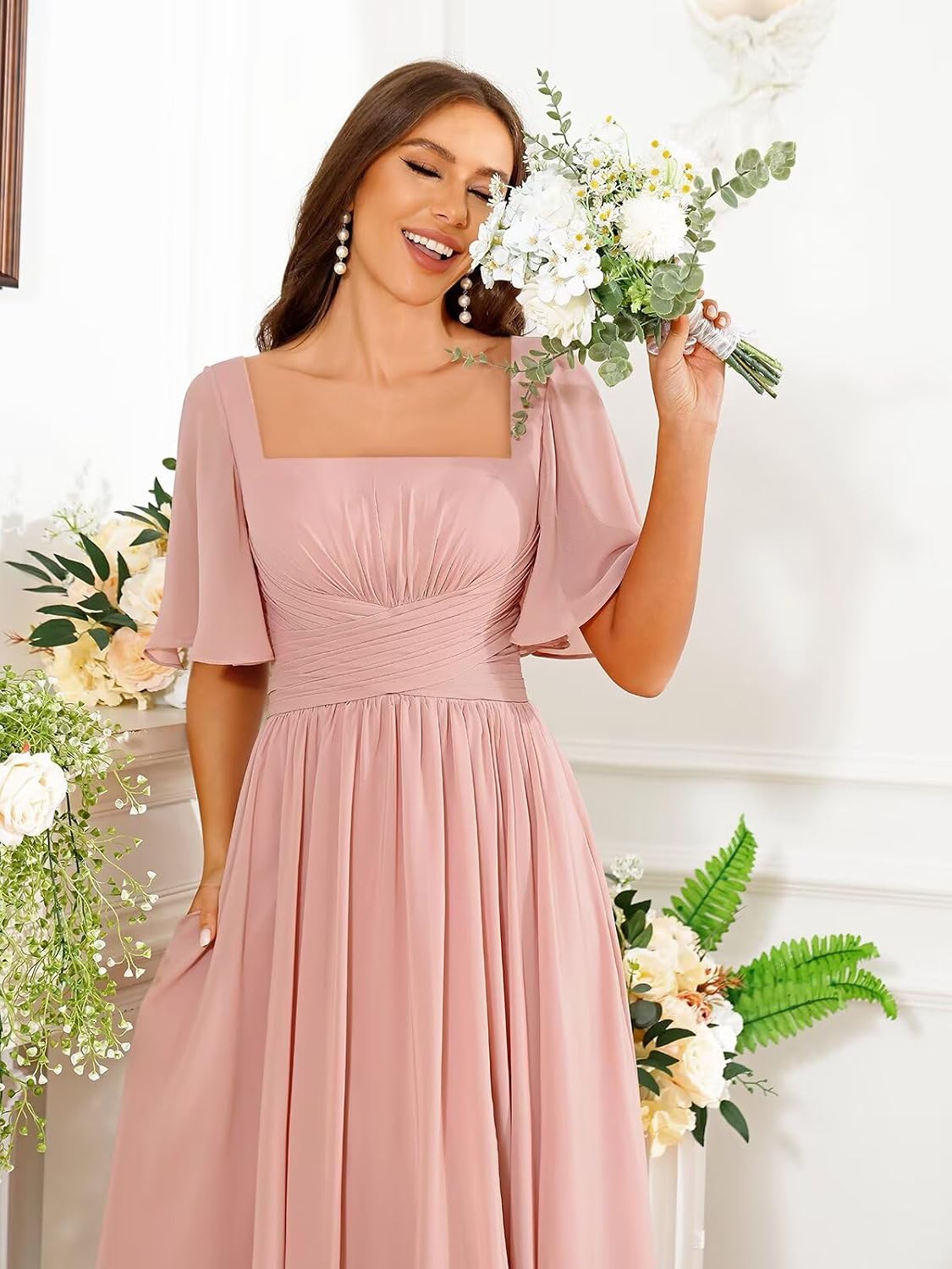 Square Neck Bridesmaid Dresses with Slit Pockets Flutter Sleeve Long Chiffon Formal Wedding Guest Dress