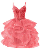 Glitter Tulle Homecoming Dresses 2026 Tiered Ruffles Lace Short Prom Dress for Teens Quinceanera Gowns